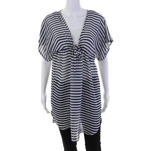 Josa Tulum Womens Short Sleeve Striped Long Sheer Tunic Top Blue Size M